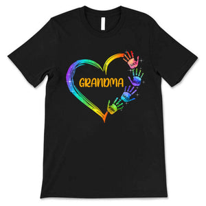 Grandma Mom Heart Hand Print Personalized Pure cotton T-Shirt
