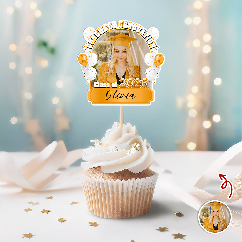Congrats Graduation Class of 2026 Balloons Custom Photo Cupcake Topper