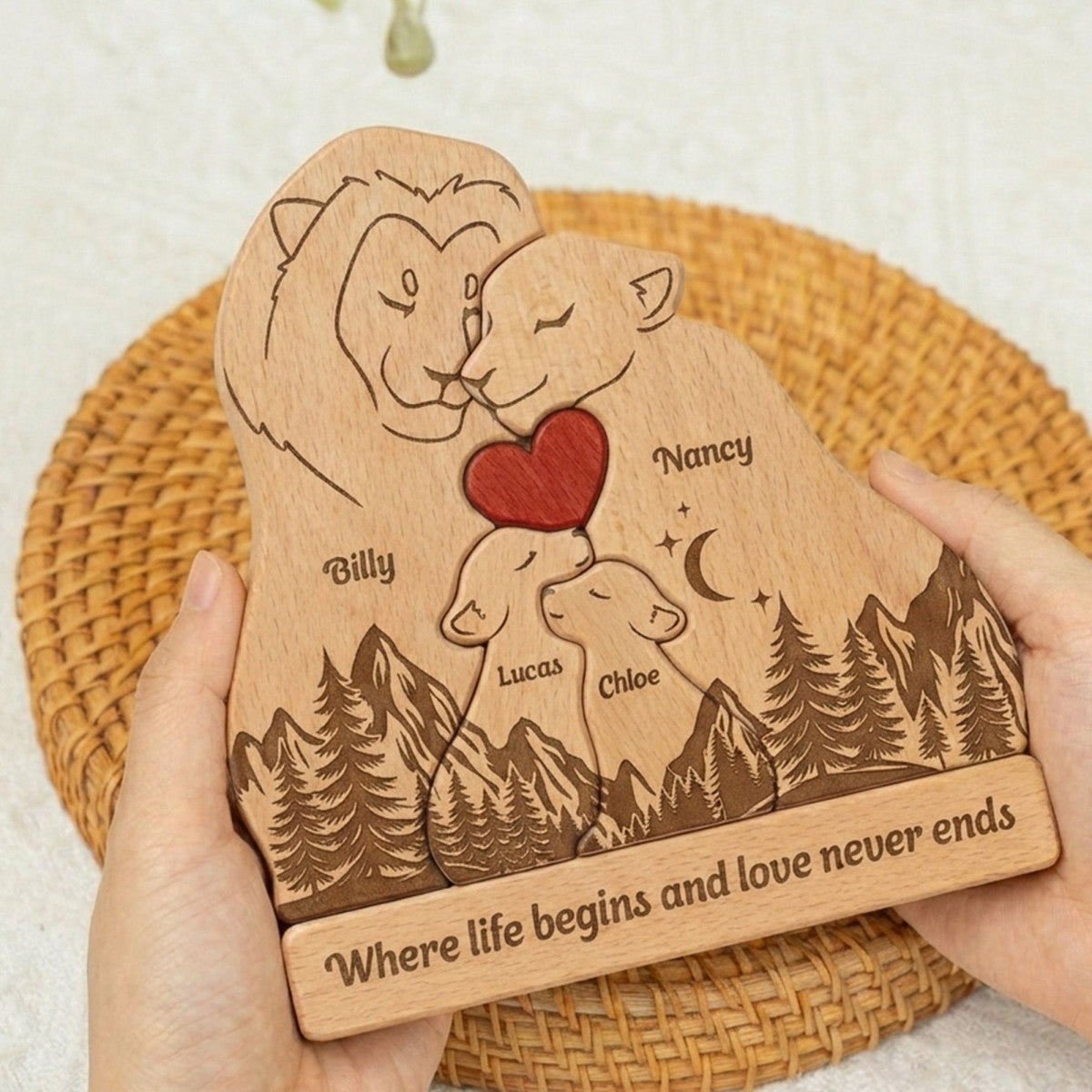 Where Life Begins And Love Never Ends - Personalized Wooden Lion Family Puzzle
