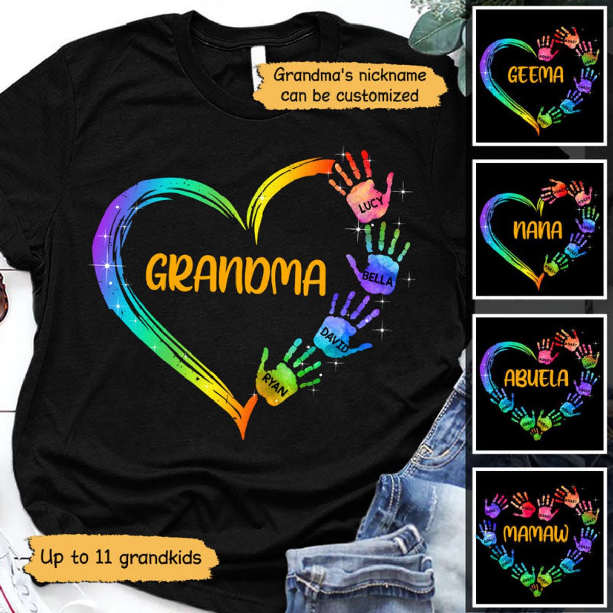 Grandma Mom Heart Hand Print Personalized Pure cotton T-Shirt