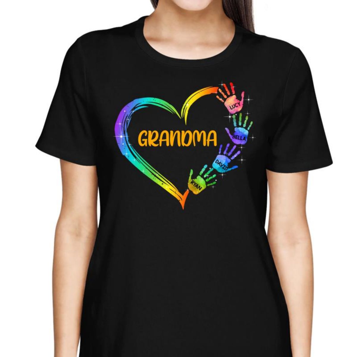 Grandma Mom Heart Hand Print Personalized Pure cotton T-Shirt