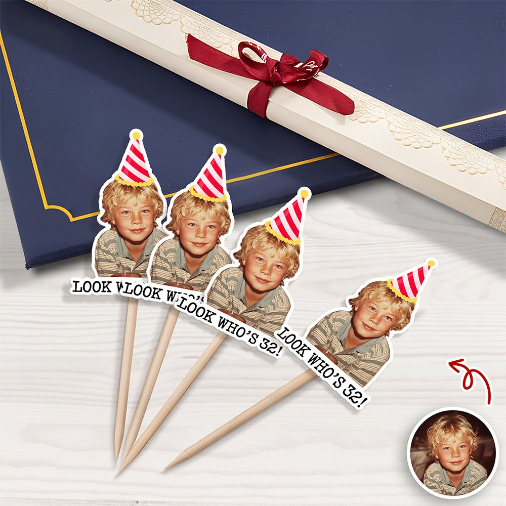 Funny Birthday Party Decor – Custom Retro Childhood Photo Personalized Cupcake Topper