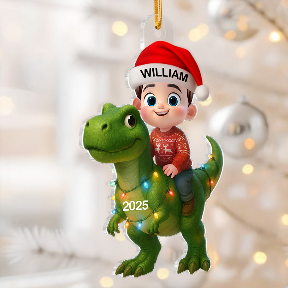 Cute Cartoon Kid With Dinosaur Christmas Personalized Flat Acrylic Ornament, Fun & Unique Gift For Kids, Grandkids