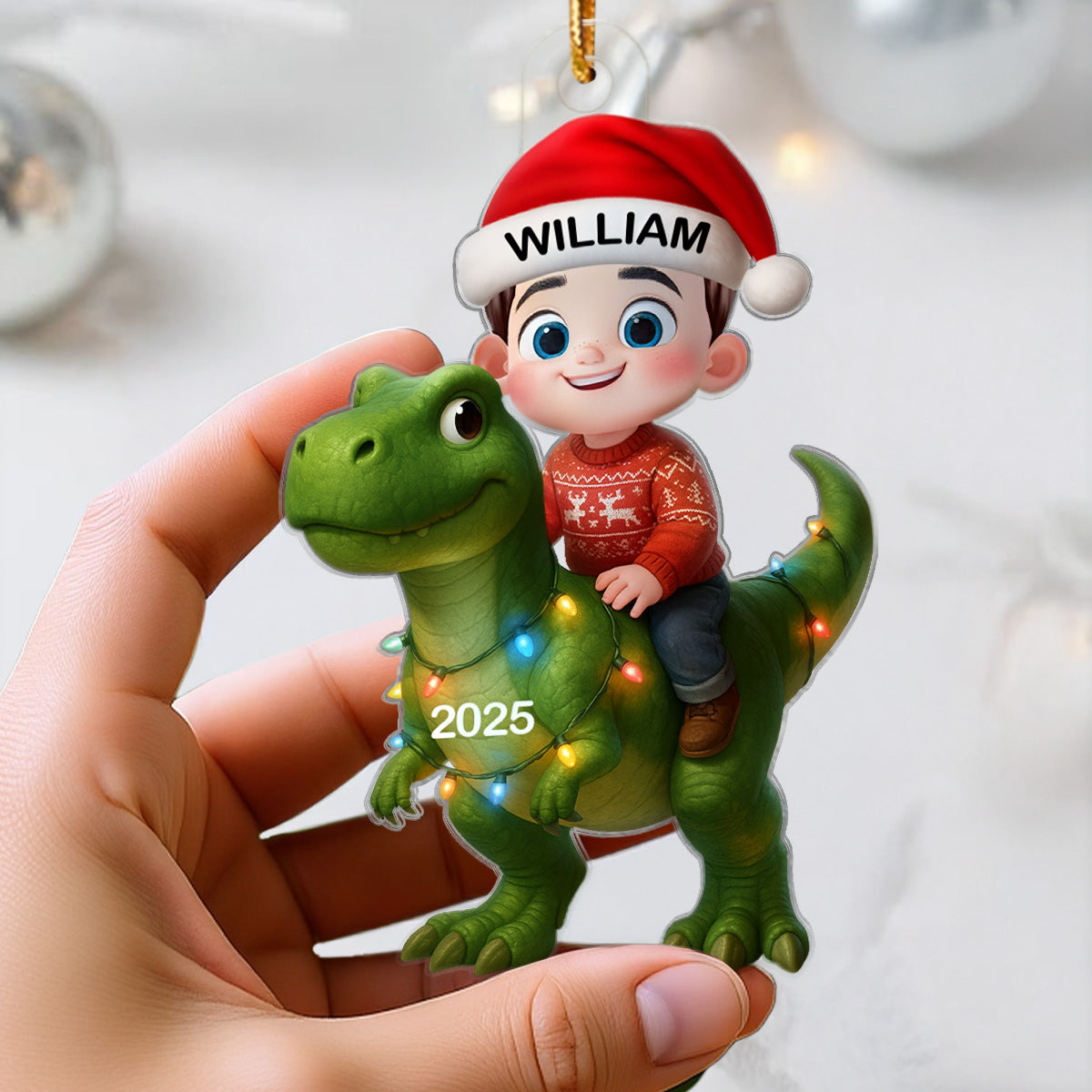 Cute Cartoon Kid With Dinosaur Christmas Personalized Flat Acrylic Ornament, Fun & Unique Gift For Kids, Grandkids