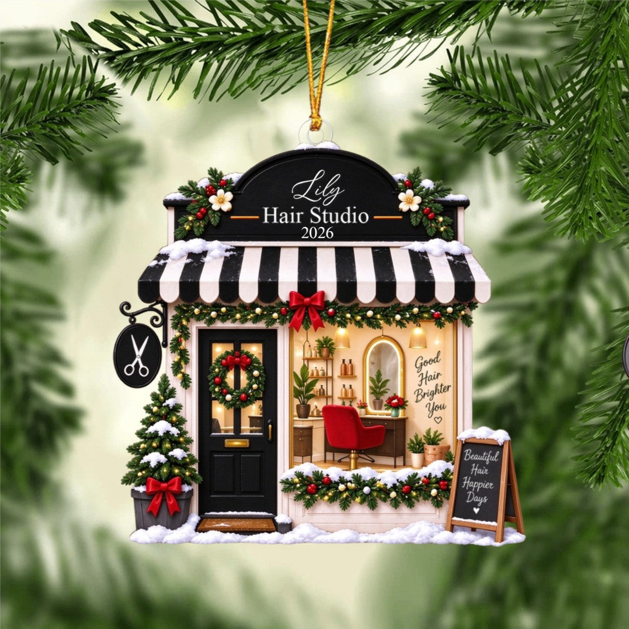Personalized Hair Salon Christmas Shopfront Ornament - Gift for Hairstylist