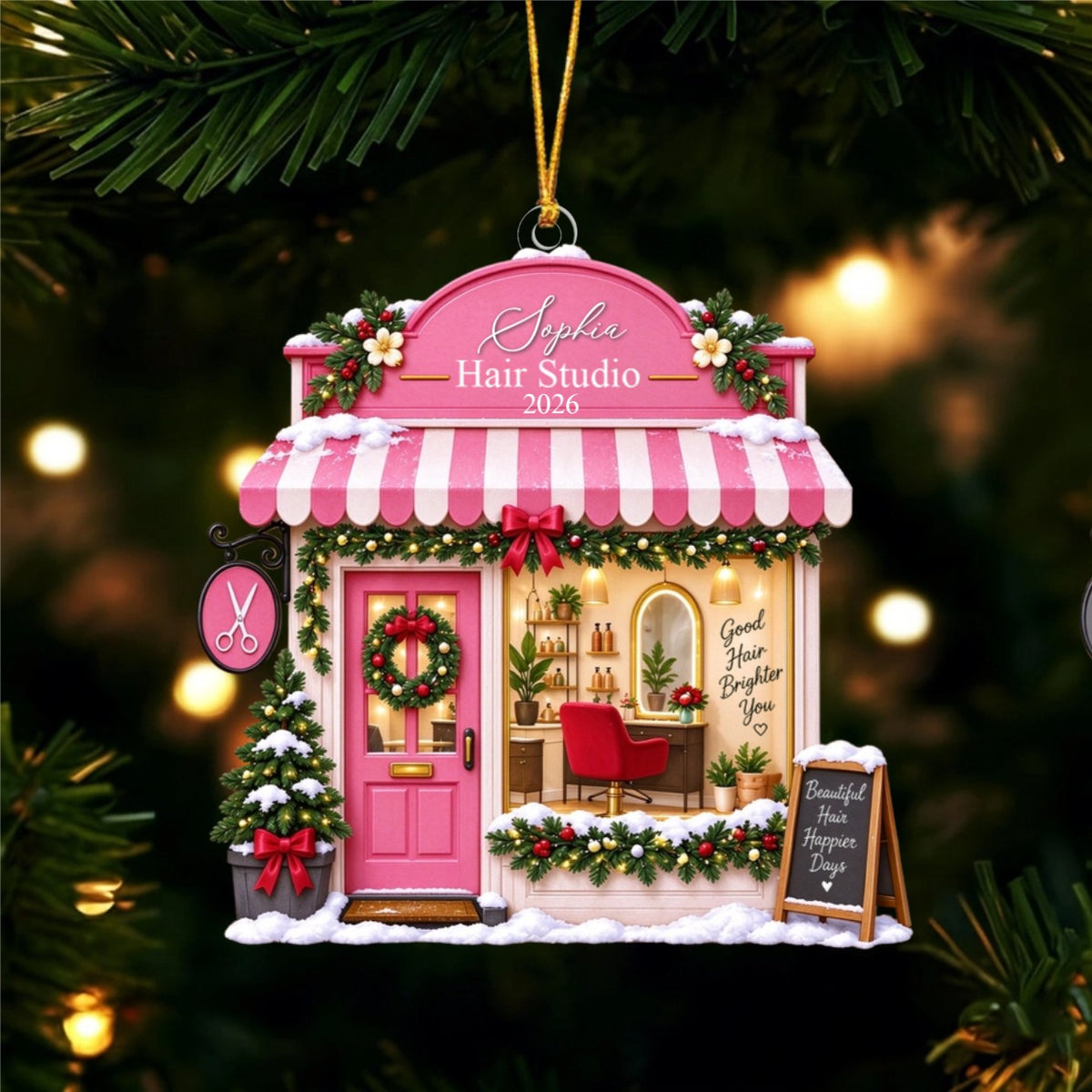 Personalized Hair Salon Christmas Shopfront Ornament - Gift for Hairstylist