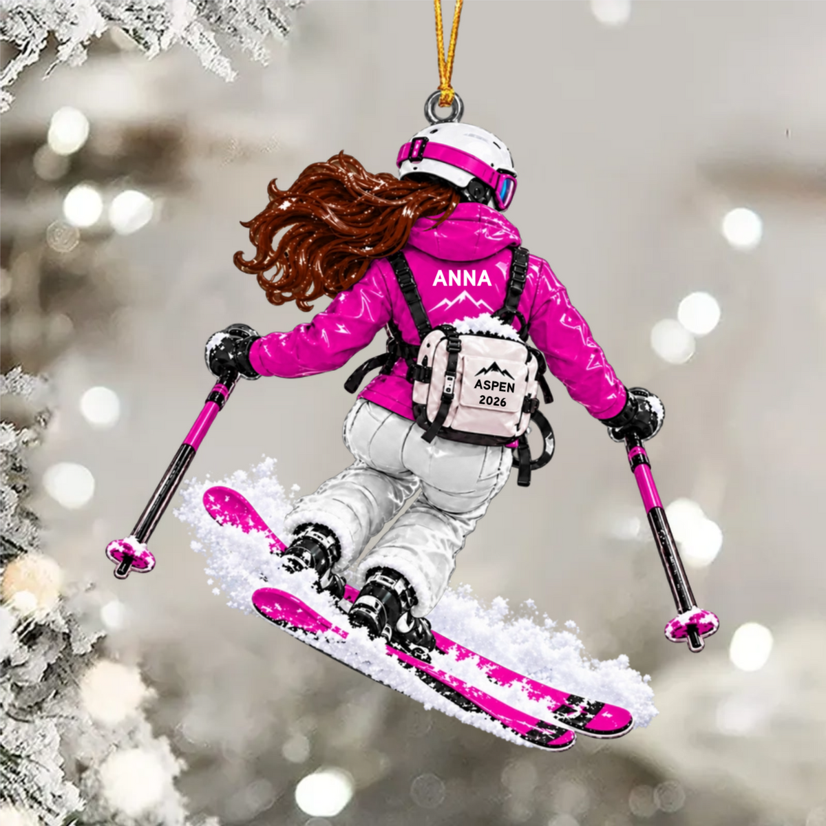 Girl Skier Gift - Alpine Ski Jump Action Personalized Christmas Ornament