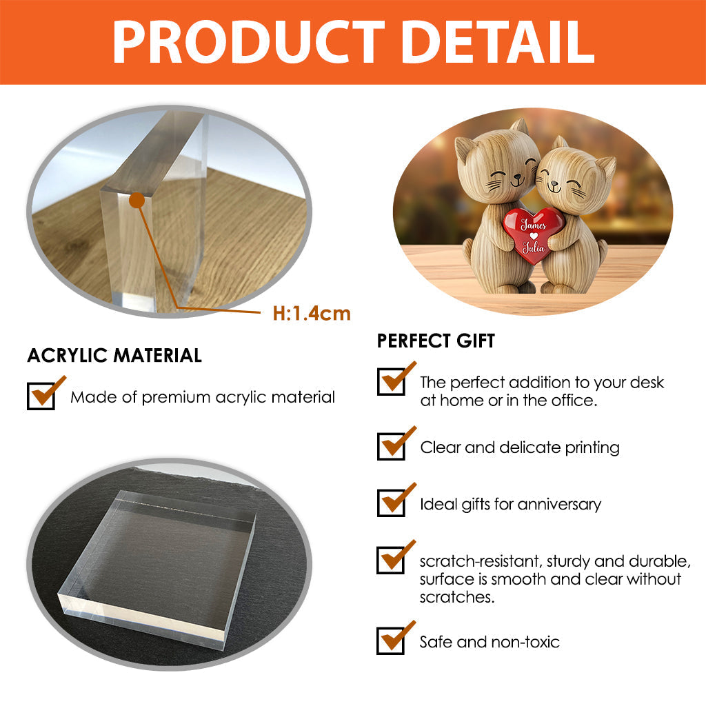 Cute Cat Couple - Personalized Cat Heart Custom Shaped Acrylic Plaque