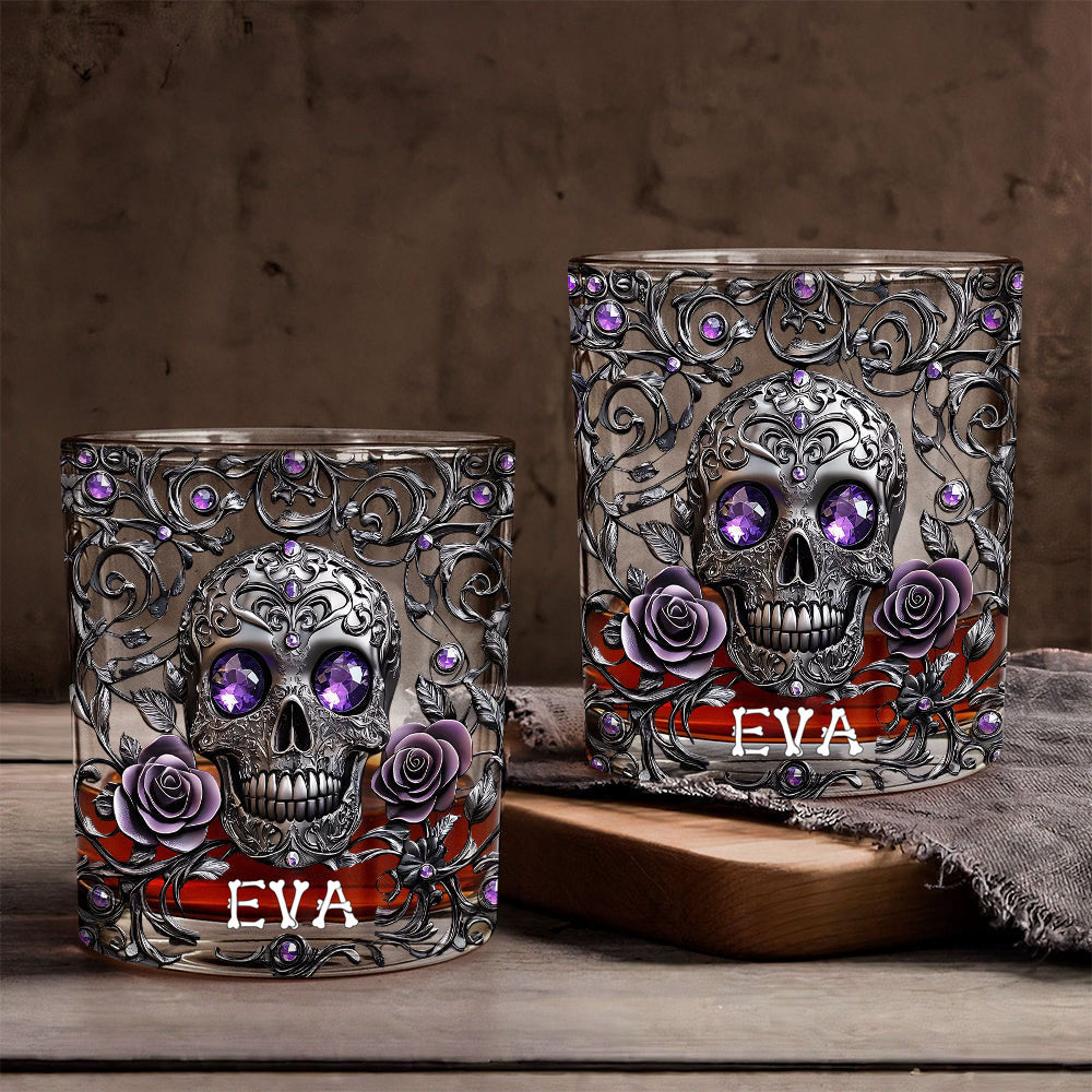 Beautiful Skull And Roses - Personalized Skull Whiskey Glass