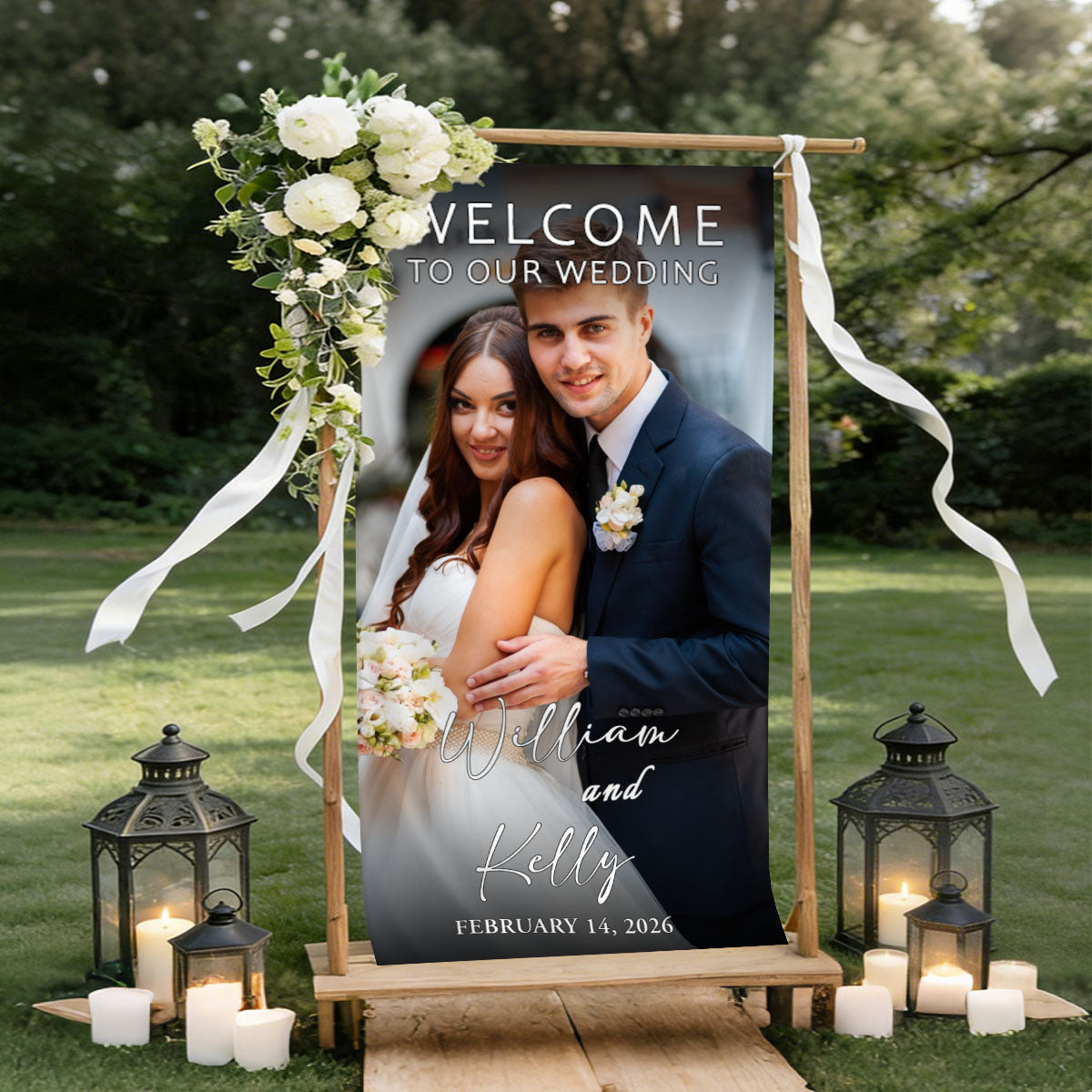 Custom Photo Fabric Wedding Welcome Sign • Modern Personalized Wedding Banner • Engagement Party Sign