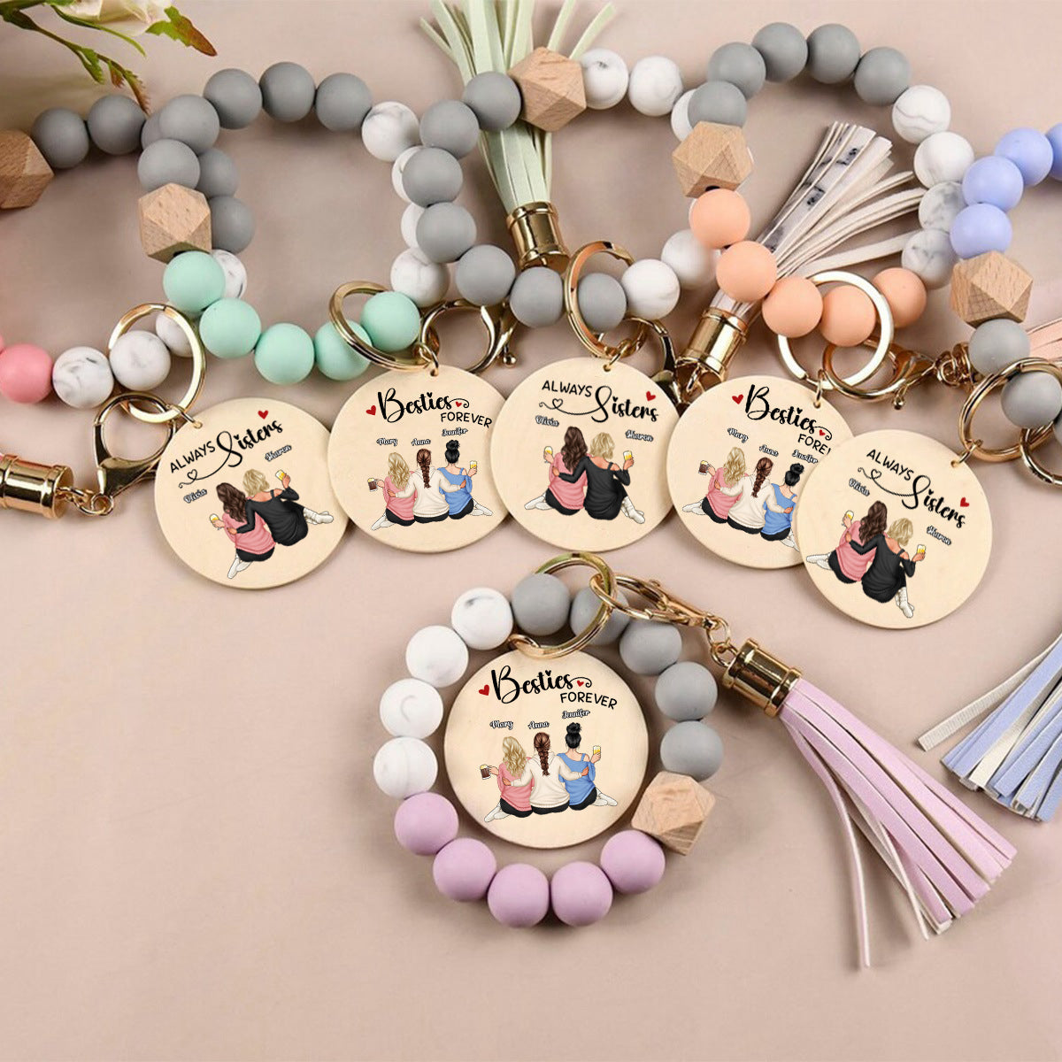 Personalized Silicone Wristlet Keychain Bracelet - Besties Forever Sitting Together
