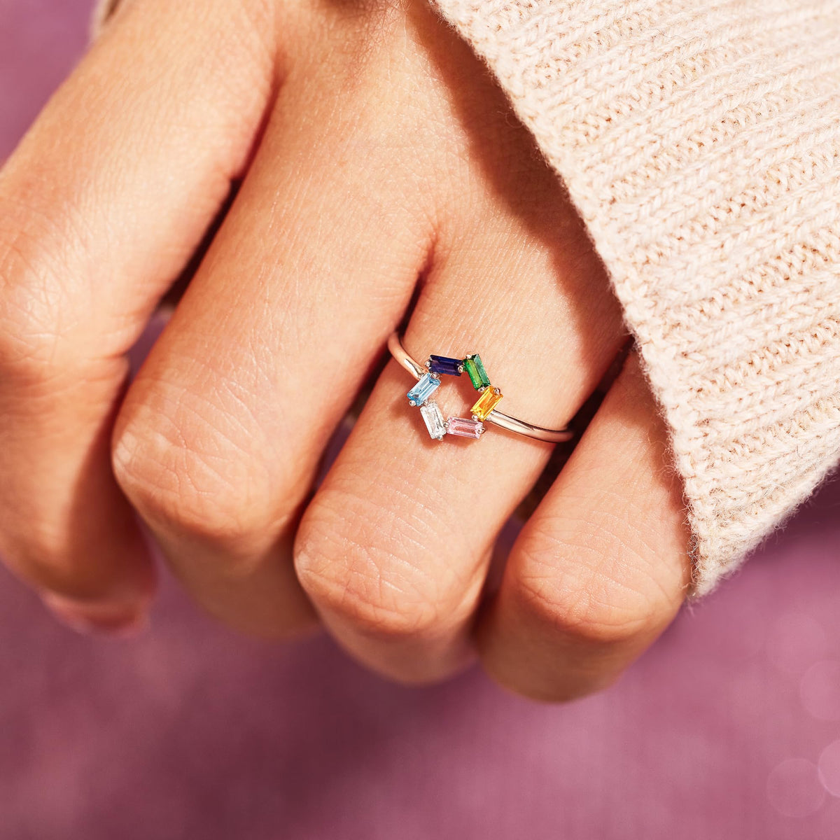 Personalized Baguette Mothers 3-6 Birthstones Family 925 Silver Ring