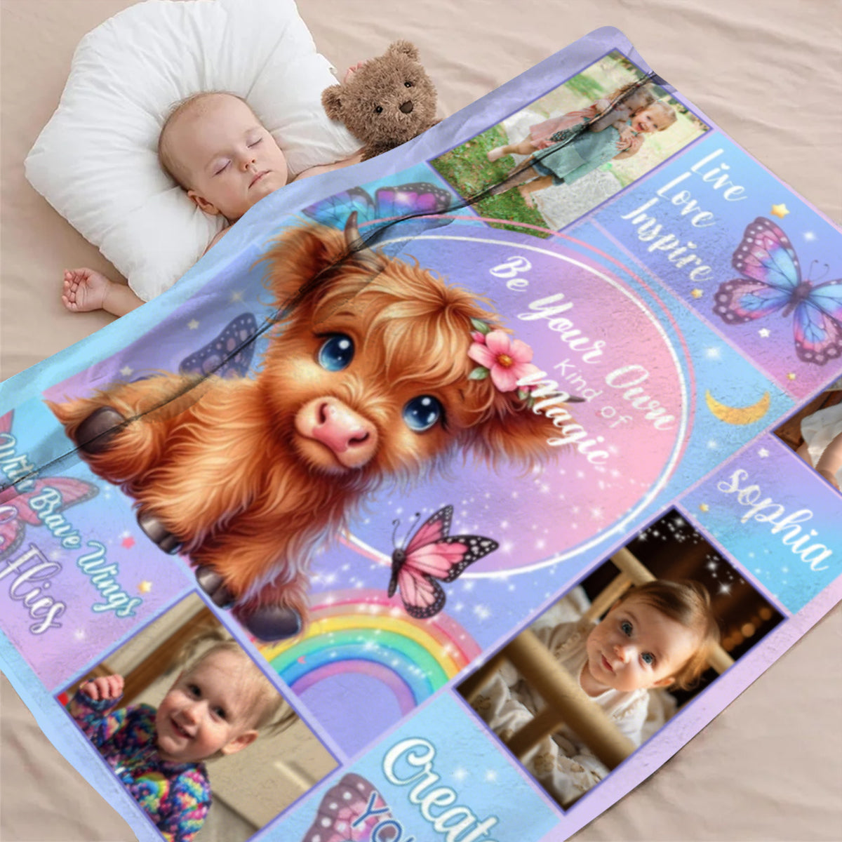 Personalized Floral Highland Cow Butterfly Soft Throw Blanket with Name and Photos