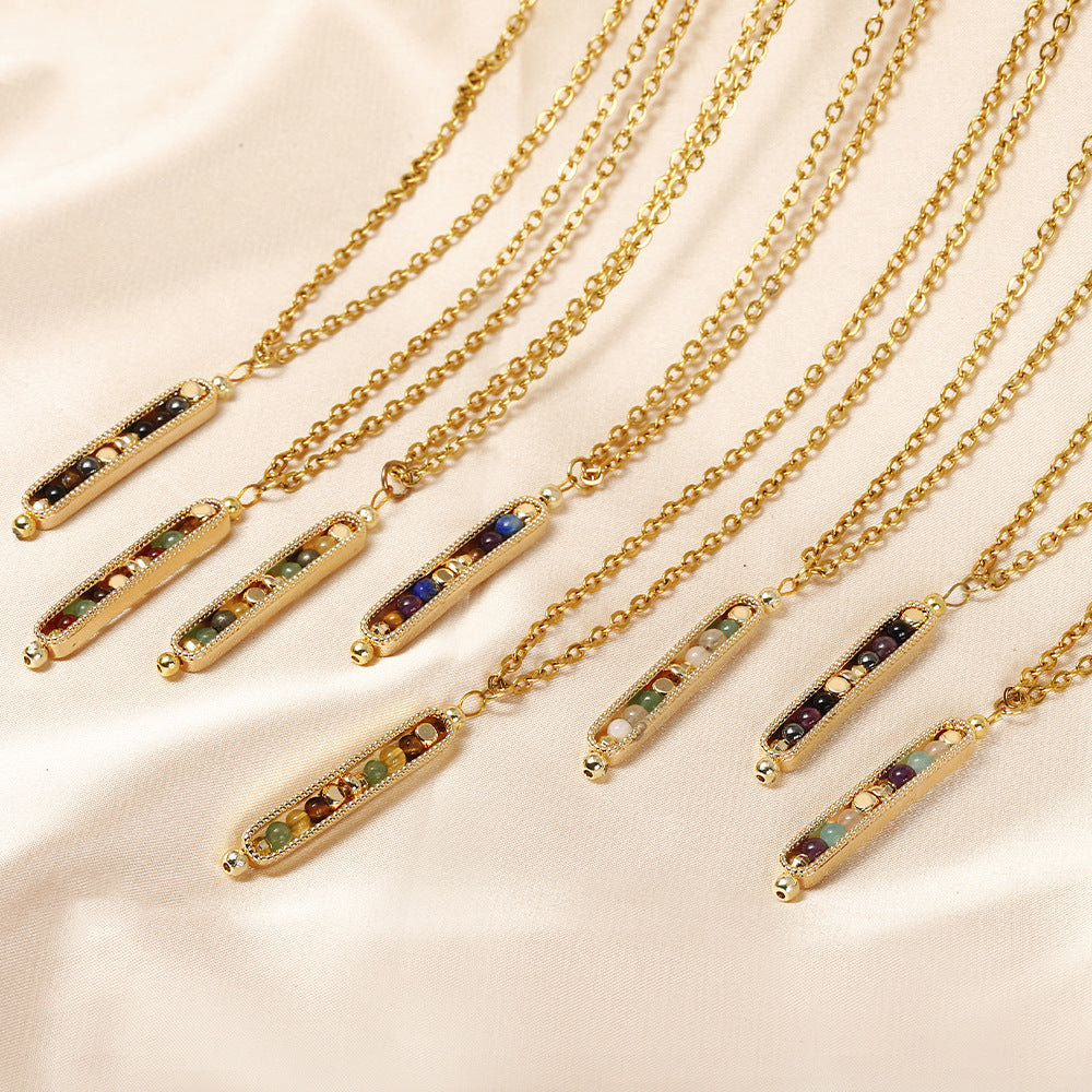 Small Stone Bead Pendant Card Necklace, Amethyst Collar Chain