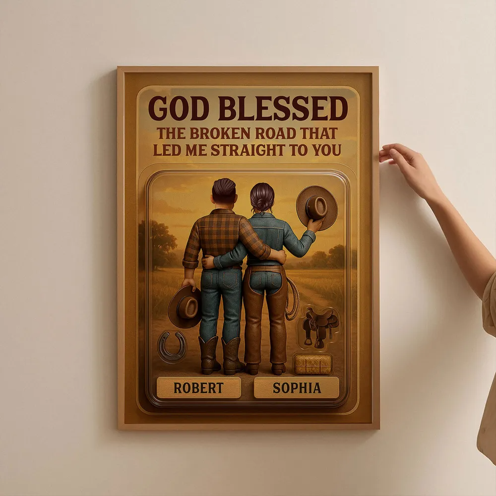 God Blessed The Broken Road - Custom Figure Country Vibe Cowboy & Cowgirl Couple Personalized Poster