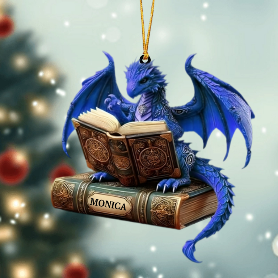 Multicolor Dragon Reading Book Personalized Ornament