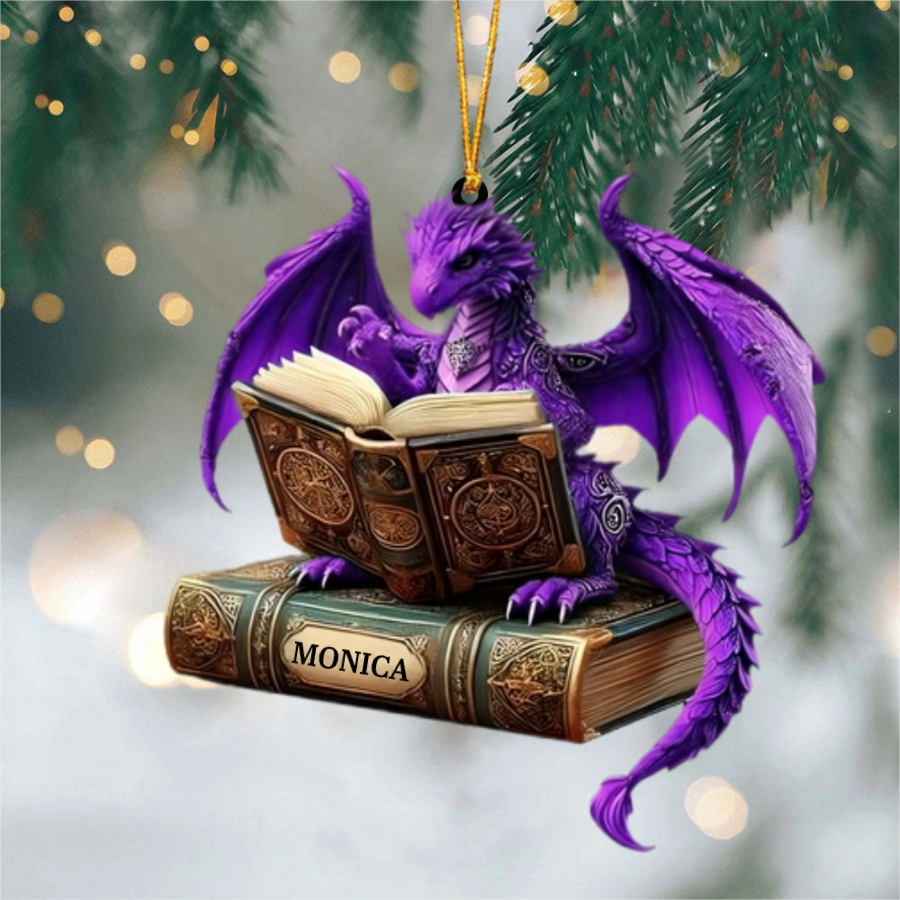 Multicolor Dragon Reading Book Personalized Ornament