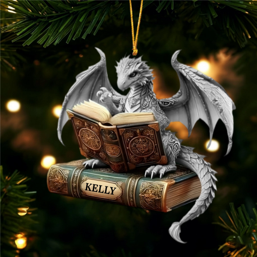 Multicolor Dragon Reading Book Personalized Ornament