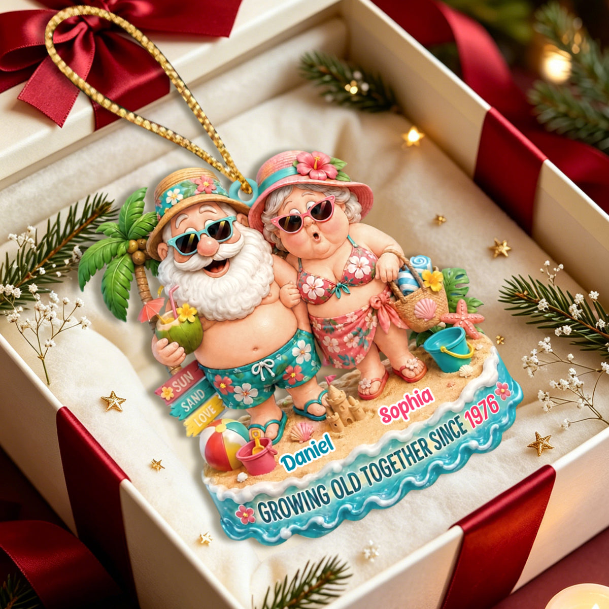 Growing Old Together Beach Sun Land Love Personalized Acrylic Ornament Gift For Couples