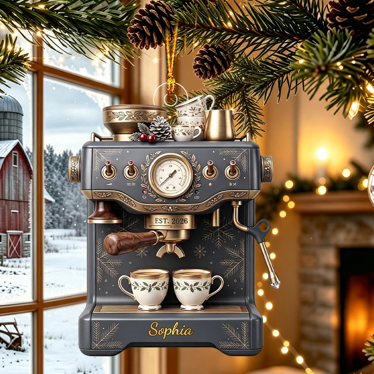 Personalized Espresso Machine Christmas Ornament, Vintage Coffee Lover Gift, Barista Decor