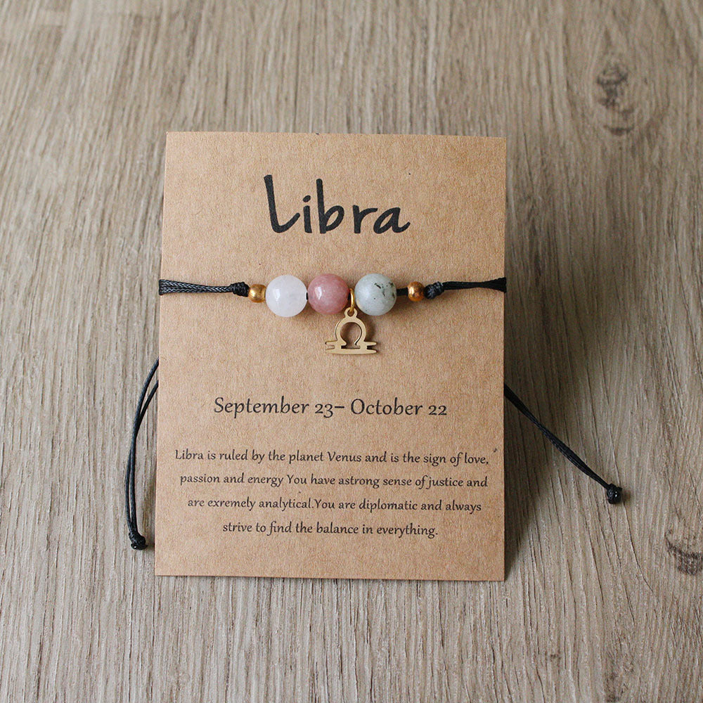 Natural Stone Hand Woven Bracelet With Twelve Constellations Paper Card