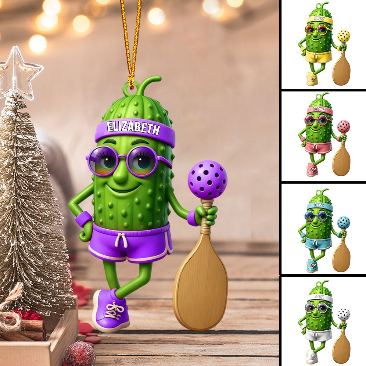 Personalized Sporty Cucumber Pickleball Christmas Acrylic Ornament