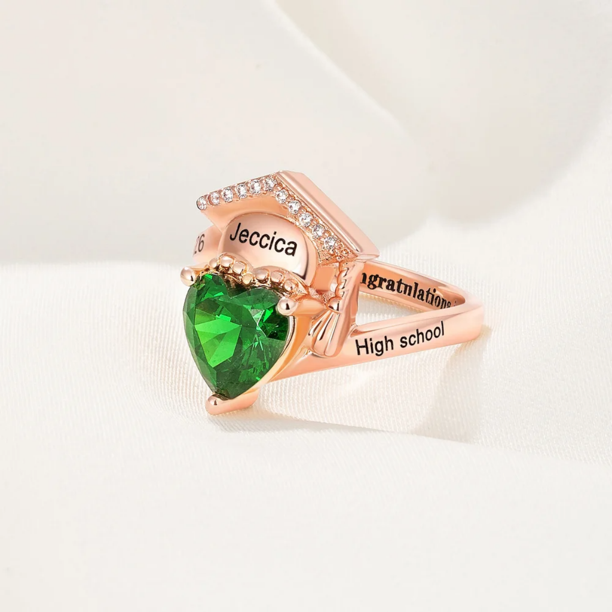 Personalized Grad Cap Heart Birthstone Ring - Graduation Gift For Graduates