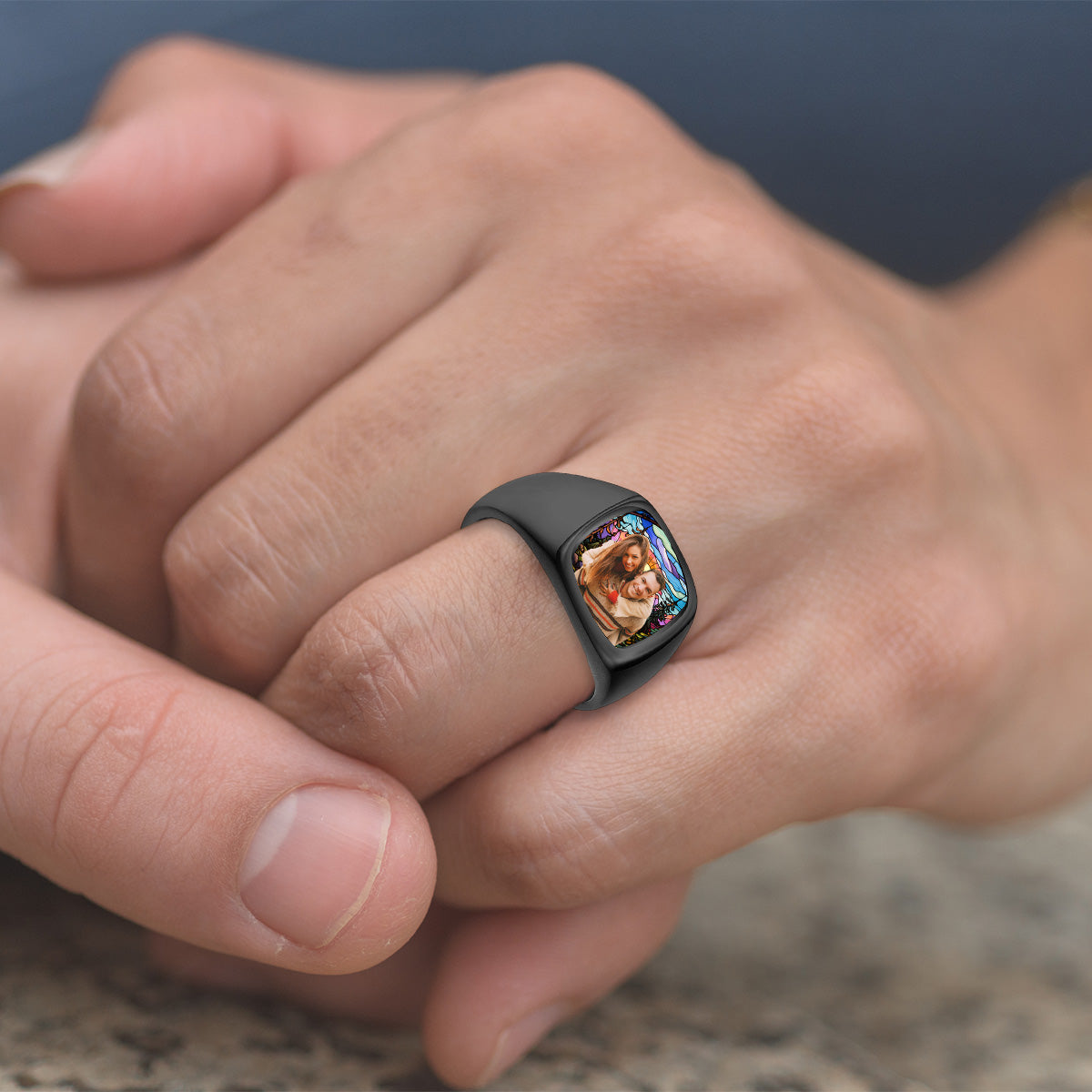 Love You Forever - Personalized Stained Glass Background Upload Photo Square Ring