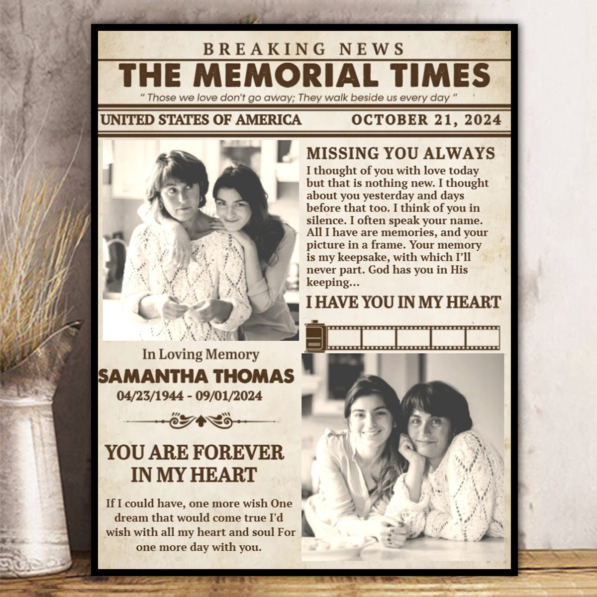 Personalized The Memorial Times Newspaper Canvas Poster