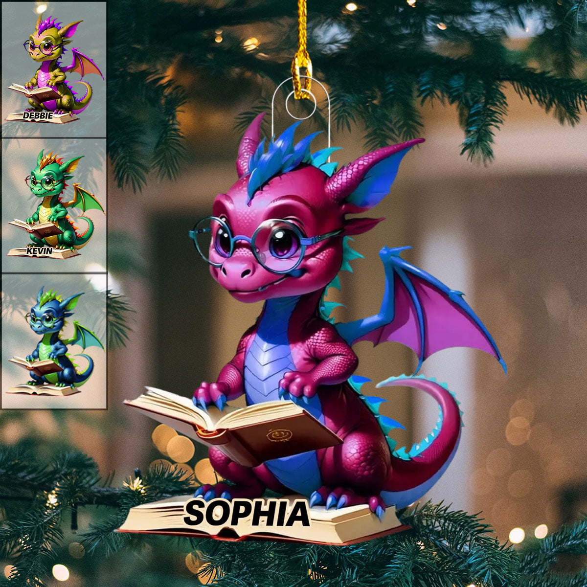 Dragon Reading Books Ornament - Personalized Christmas Gift for Book Lover