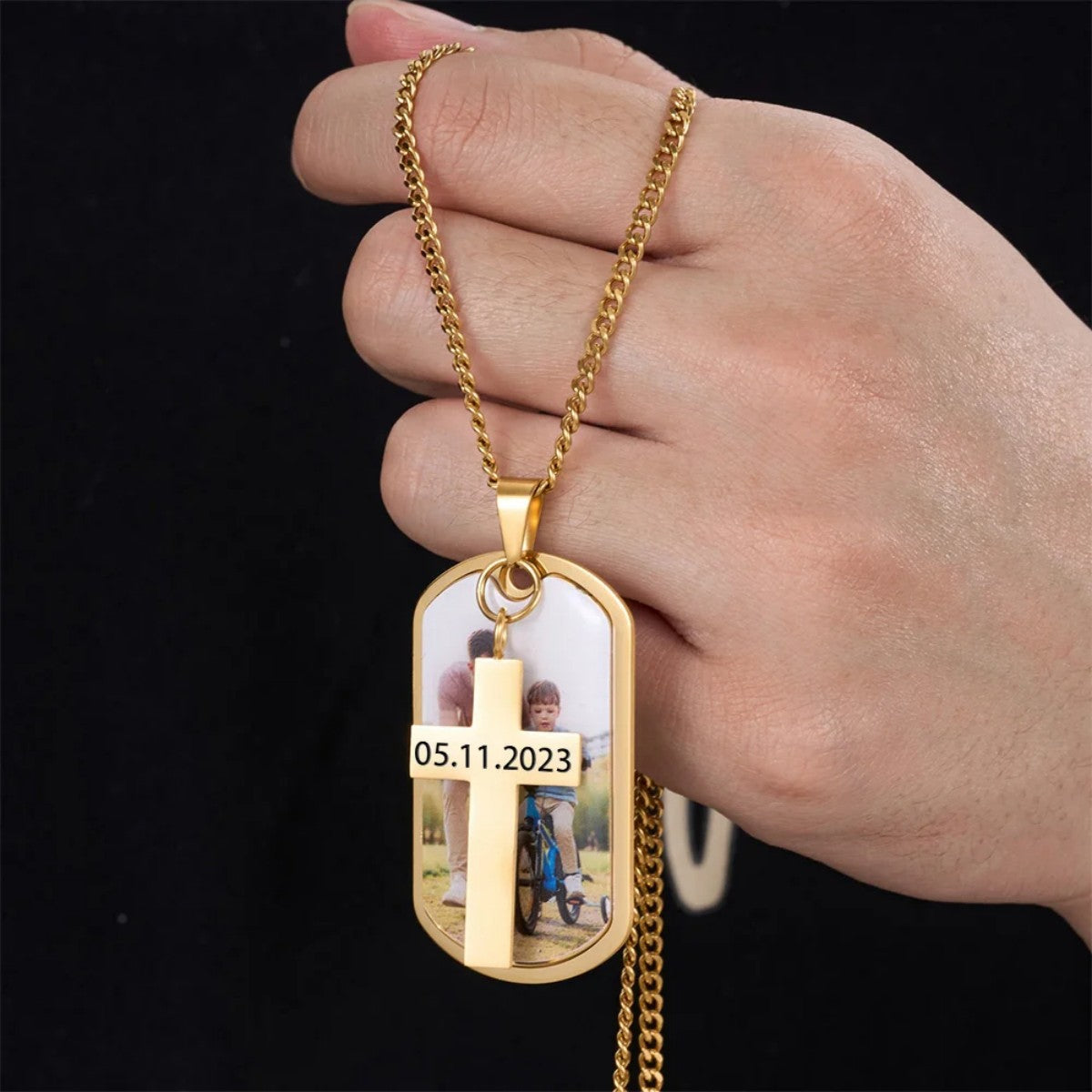 Personalized Memorial Necklace With Cross Pendant,Photo With Text Necklace