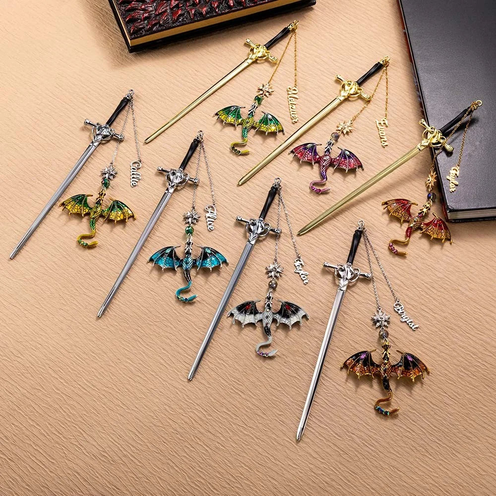 New Chapter Personalized Name Fantasy Dragon Sword Bookmark, Fourth Wing Dragon Bookmark