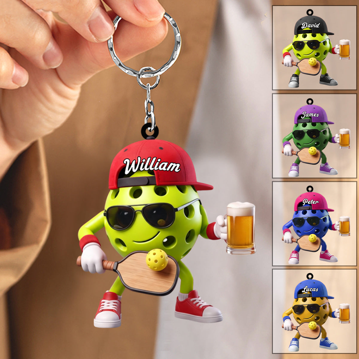 Playing Pickleball & Beer Toast Post Keychain - Personalized Cool Pickleball Ball Mascot Keychain