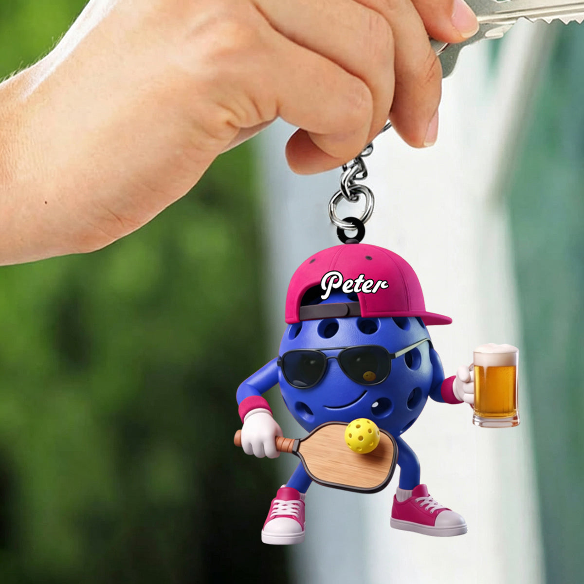 Playing Pickleball & Beer Toast Post Keychain - Personalized Cool Pickleball Ball Mascot Keychain