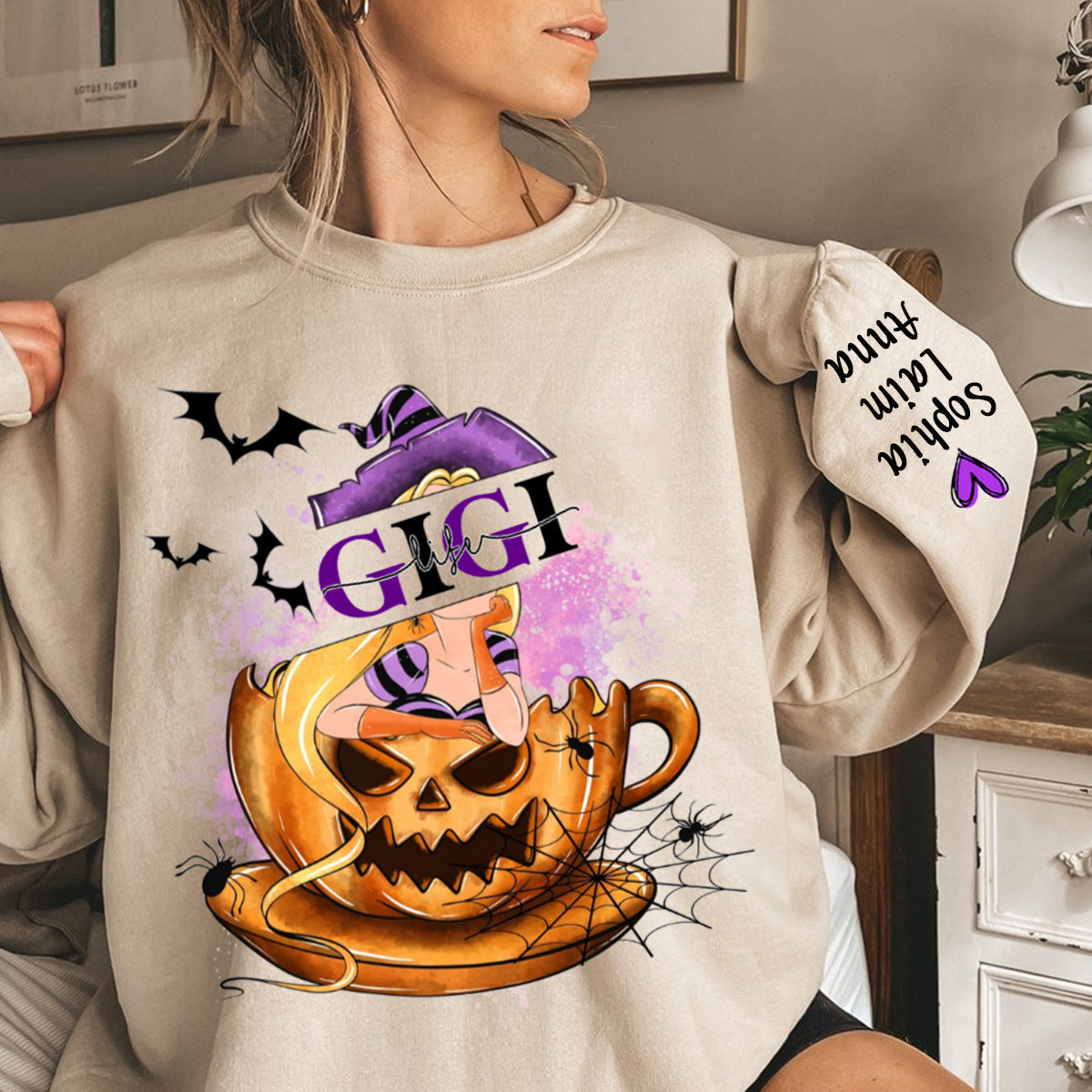 Personalized GIGI life Witch Halloween Sweatshirt with Grandkids' Names on Sleeve
