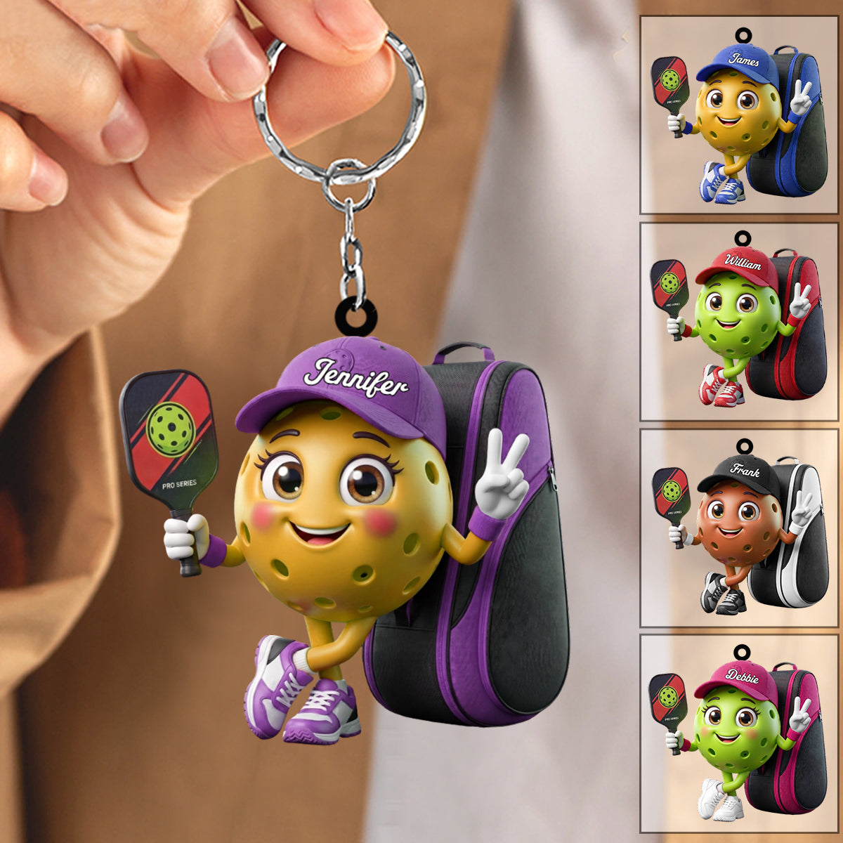 Pickleball Paddle & Sports Bag Keychain - Personalized Pickleball Mascot Keychain Gift for Male & Female Player