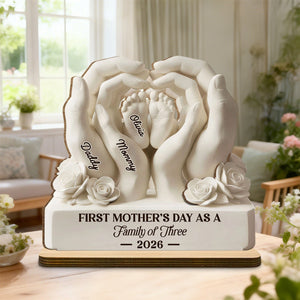 First Mother's Day As A Family Of Three, Personalized Custom 2-Layer Wood Plaque, Gift For Mom