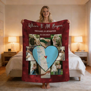 Custom Picture Collage Blanket With Location Map, Personalized Where It All Began Gift, Blankets For Couples