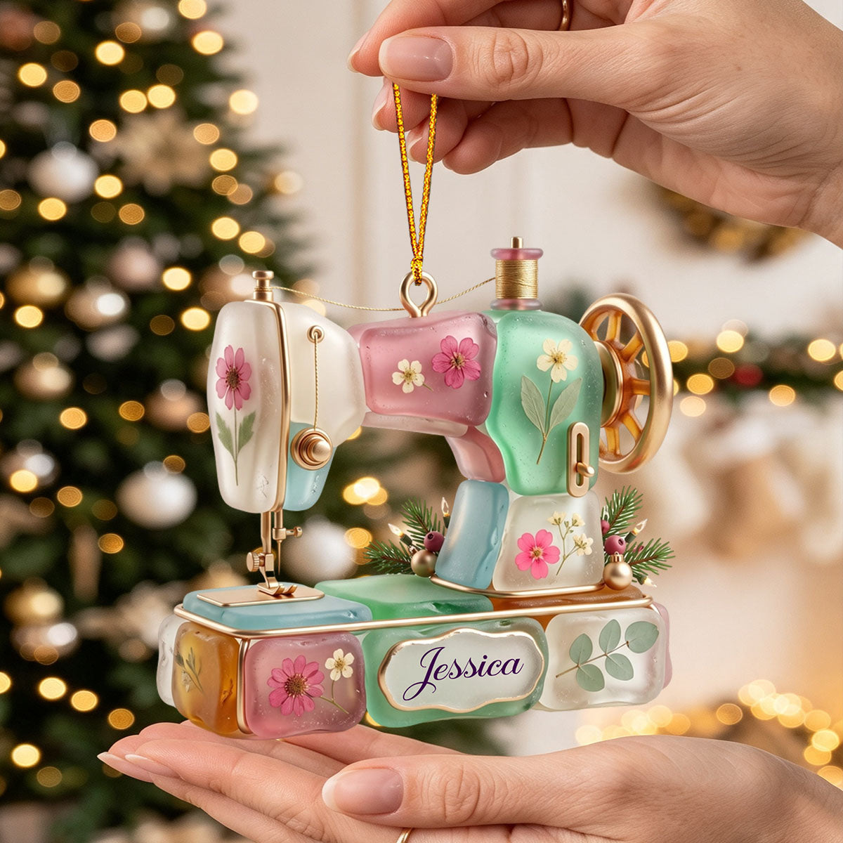Personalized Richly Colored Sea Glass Vintage Sewing Machine Christmas Ornament