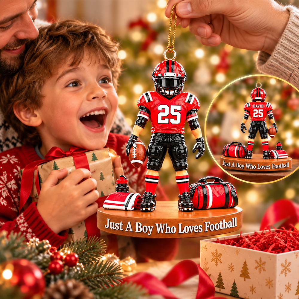 Just A Boy Who Loves Football – Personalized Christmas Ornament | Custom Name, Jersey Number & Uniform Colors | Gift For Football Players