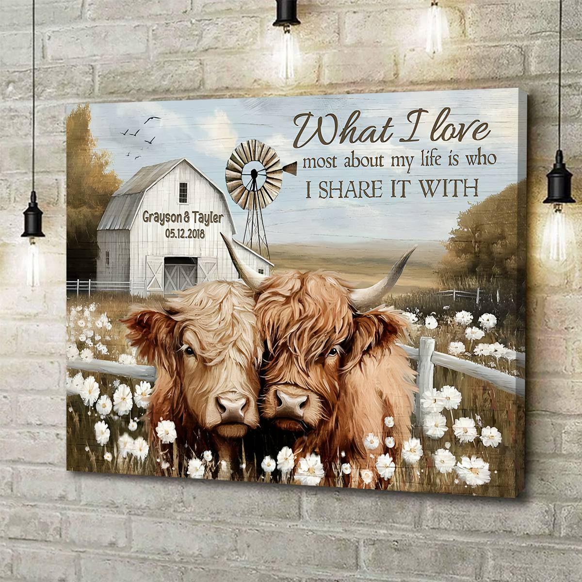 Farmhouse Highland Cow Wall Art Canvas Poster Personalized Couple Anniversary Decor Gift