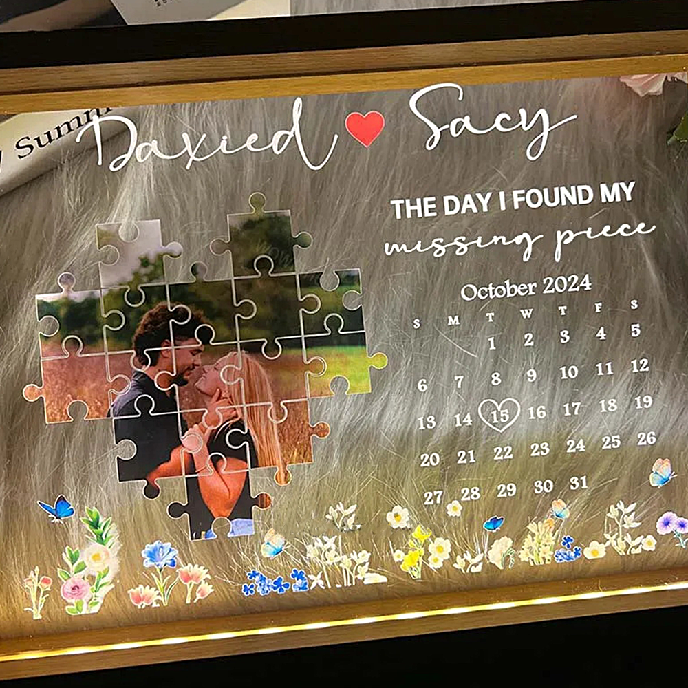 The Day I Found My Missing Piece - Personalized LED Light Wooden Frame Gift For Couple