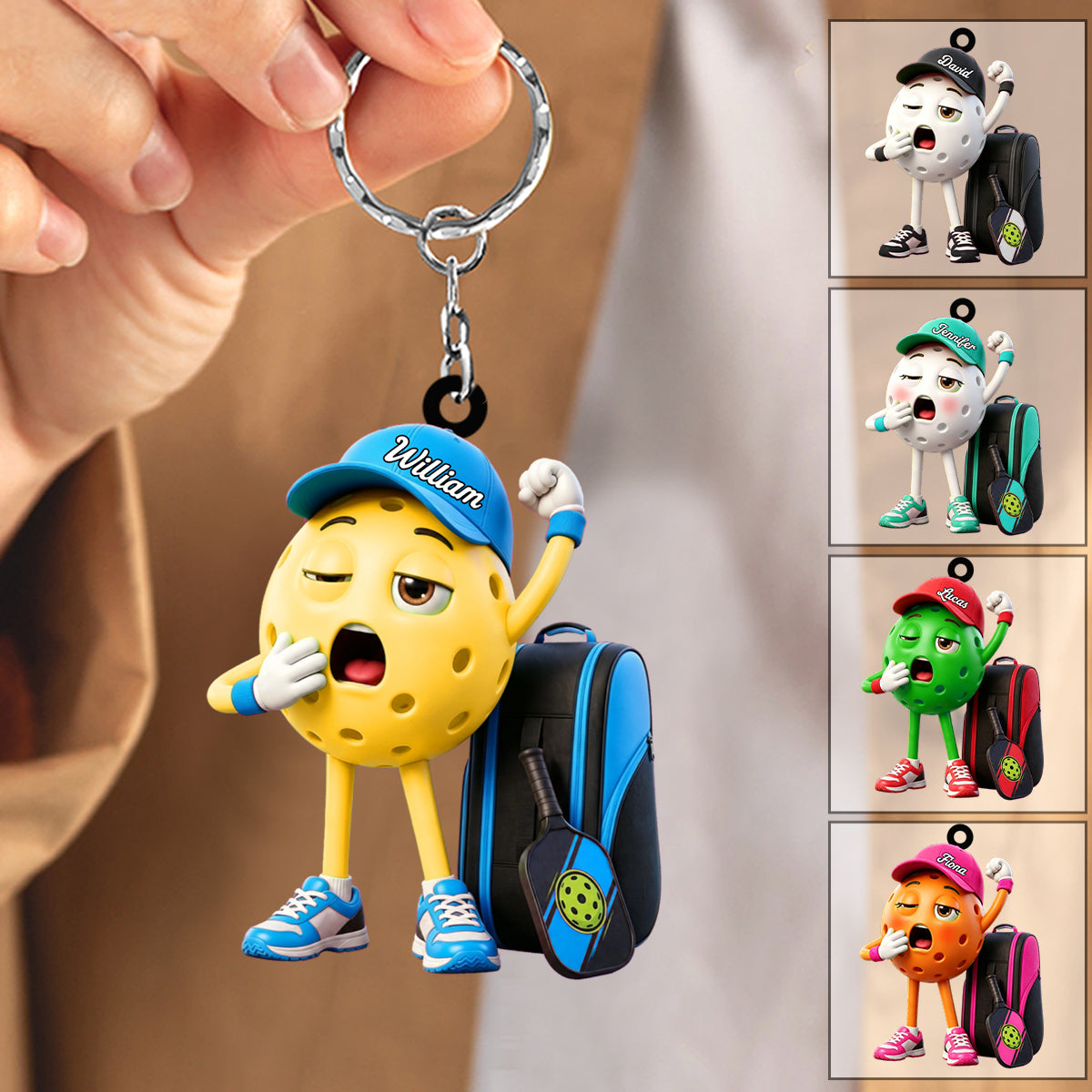 Yawning Pickleball Mascot With Sports Bag Keychain - Personalized Gift for Male & Female Player