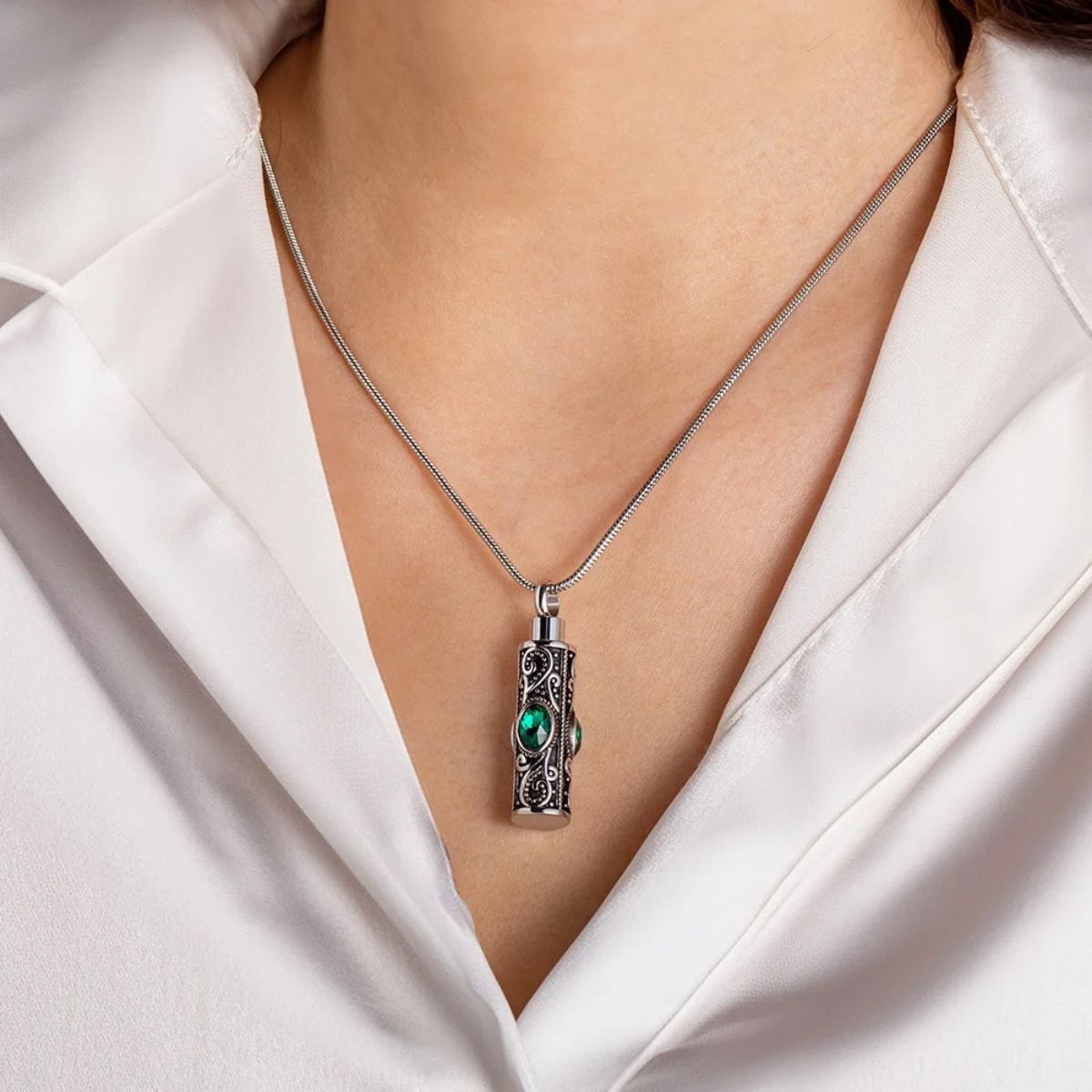 Personalized Gemstone Vintage Cylinder Urn Necklace for Ashes, Sympathy Gift for Pet Loss/Family/Friend/Lover