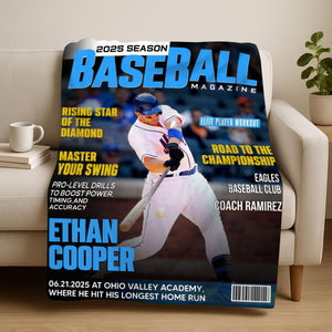 Personalized Baseball Magazine Cover Blanket, Baseball Player Gift