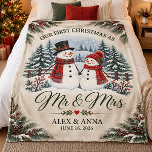 Snowman Couple First Christmas Personalized Blanket – Cozy Fireplace First Christmas Couple Keepsake