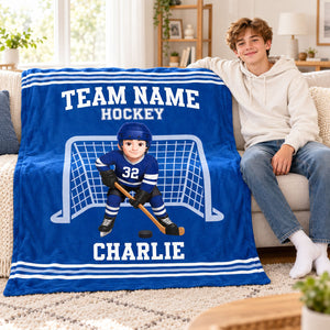 Custom Hockey Boy & Girl Name And Team Name Personalized Fleece Blanket – Christmas Gift For Hockey Players, Sons, Daughters, Grandsons & Granddaughters
