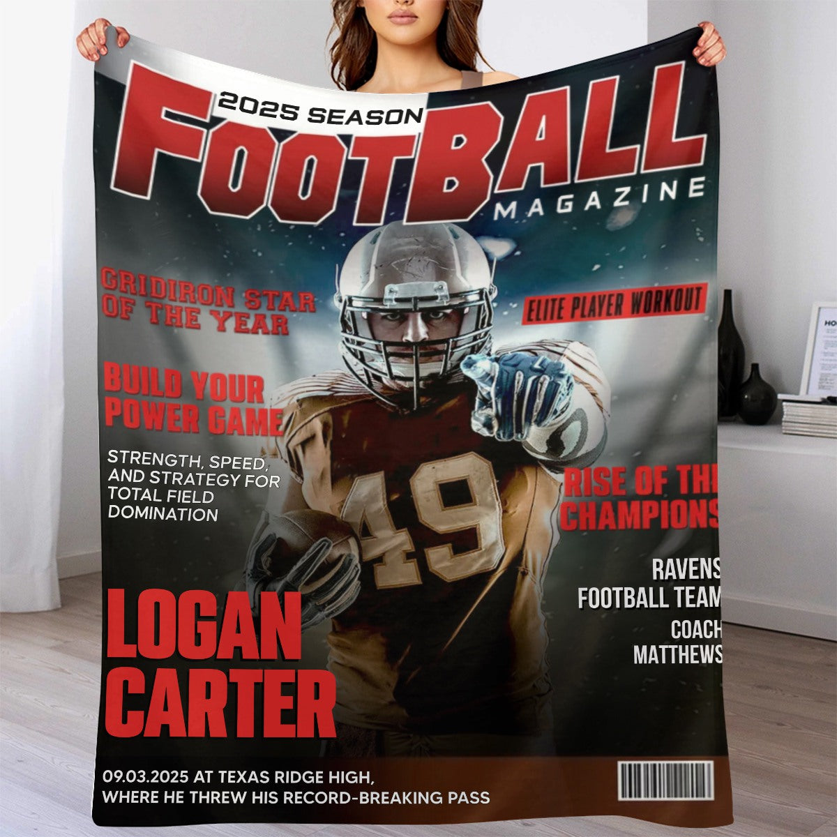 Personalized Football Magazine Cover  Blanket, Football Player Gift, Football America Gifts