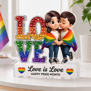 Pride Month Gift for LGBTQ+ Couple – Personalized "Love Is Love" Acrylic Block Plaque
