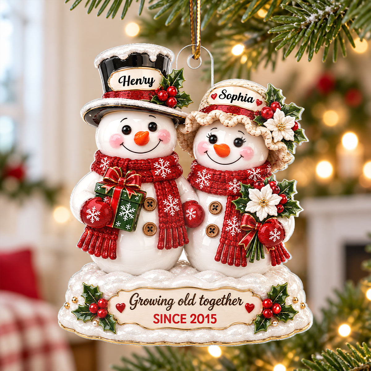 "Snowman Couple – Growing Old Together" – Personalized Acrylic Ornament | Christmas Keepsake For Him & Her